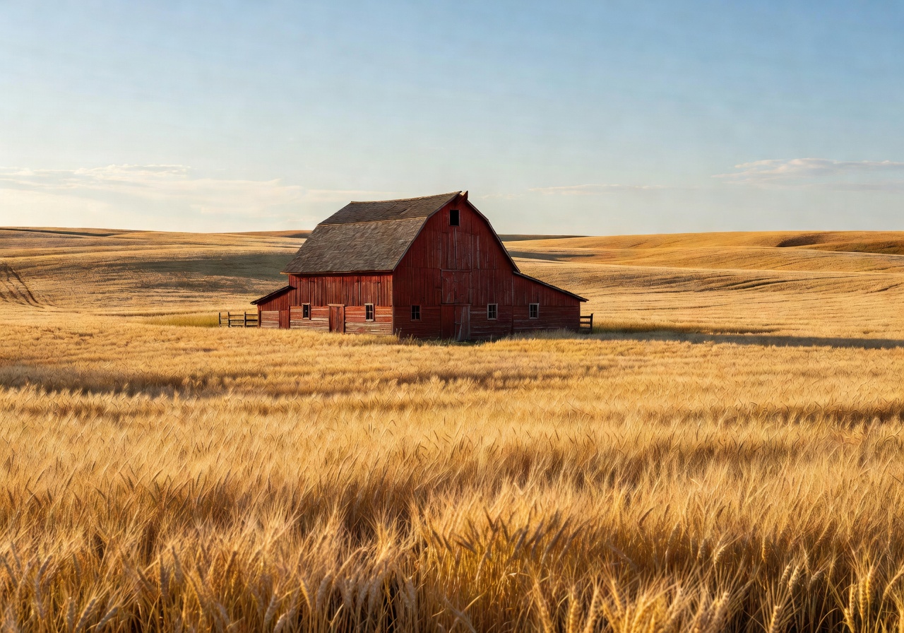 Rustic red barn surrounded by golden farmland