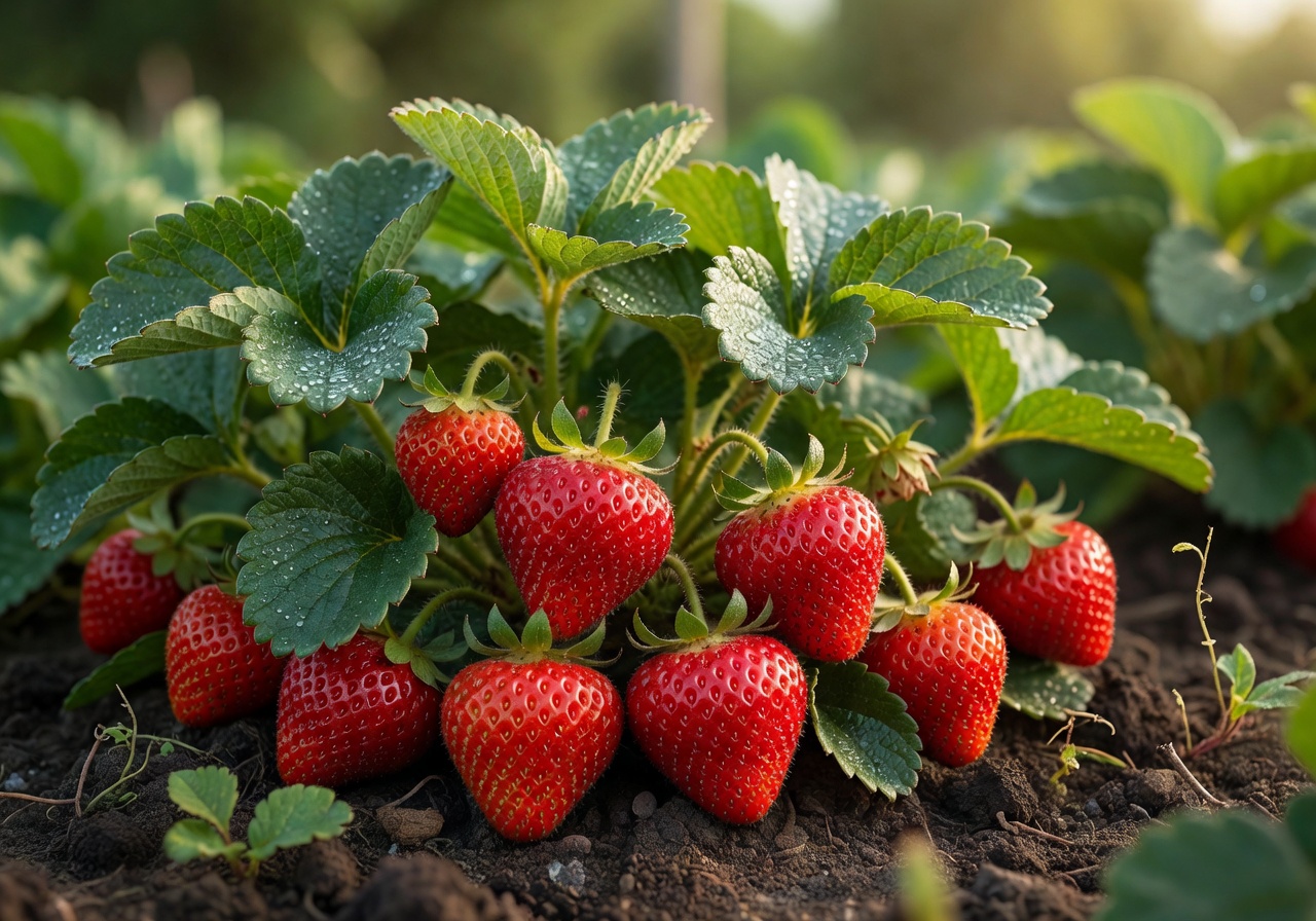 Close-up of ripe red strawberries growing in a farm garden