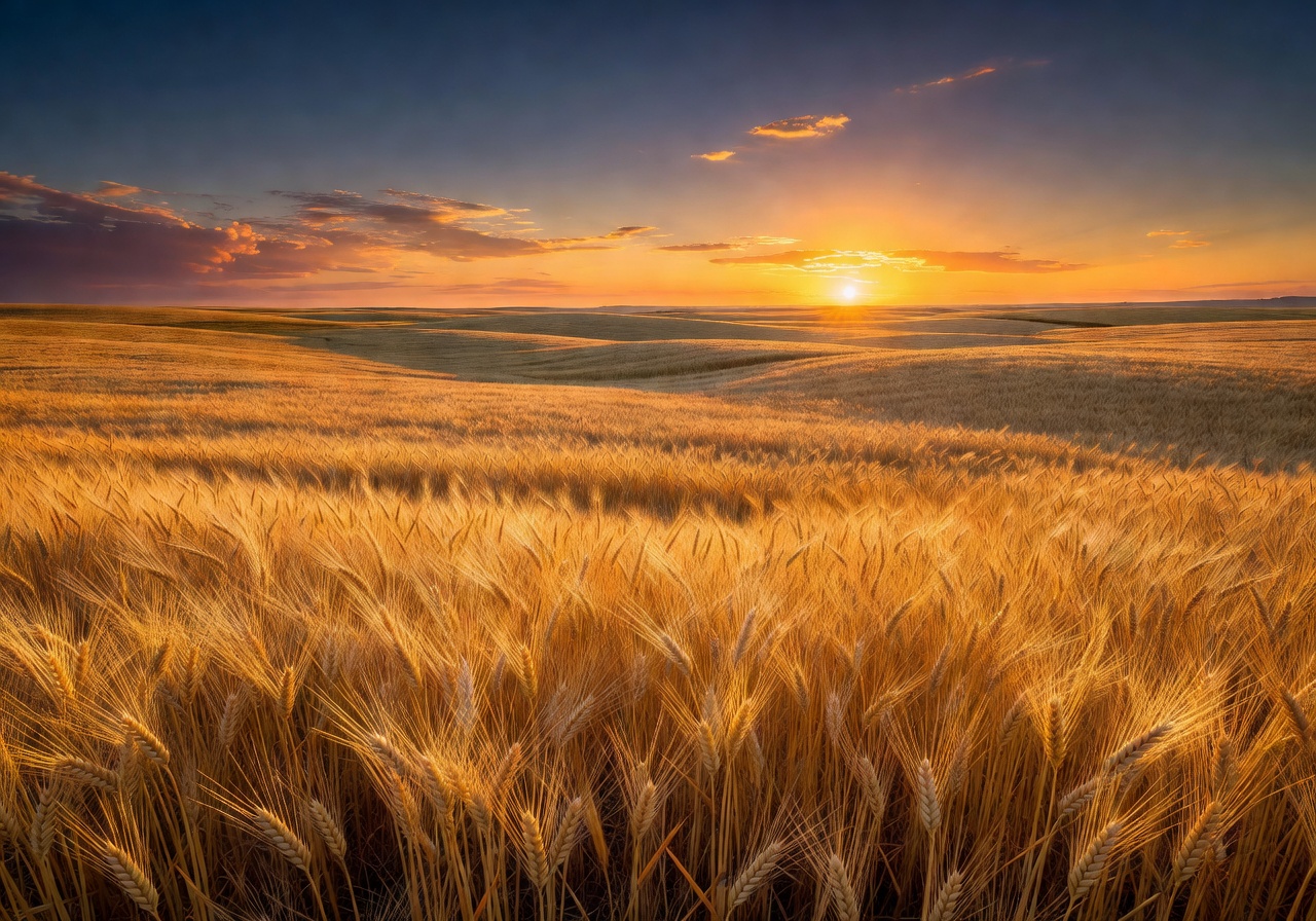 Expansive golden wheat field glowing under warm sunset