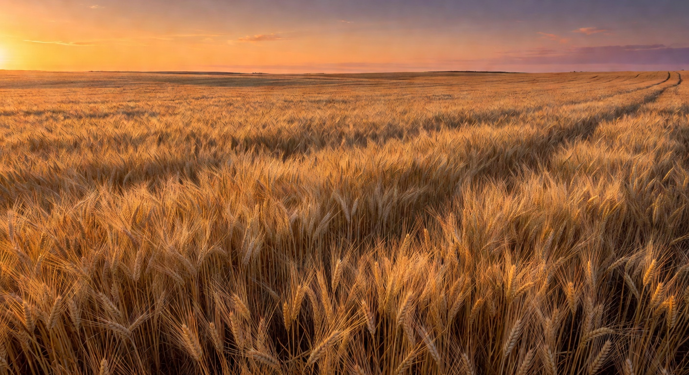 Golden wheat field bathed in warm sunset light