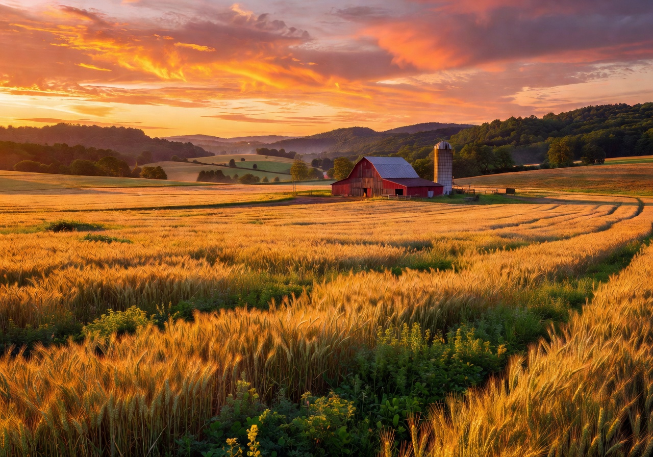 Lush farm landscape with golden fields at sunset