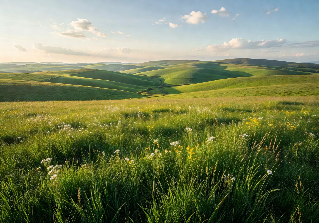 Lush green farm meadow with rolling hills in background