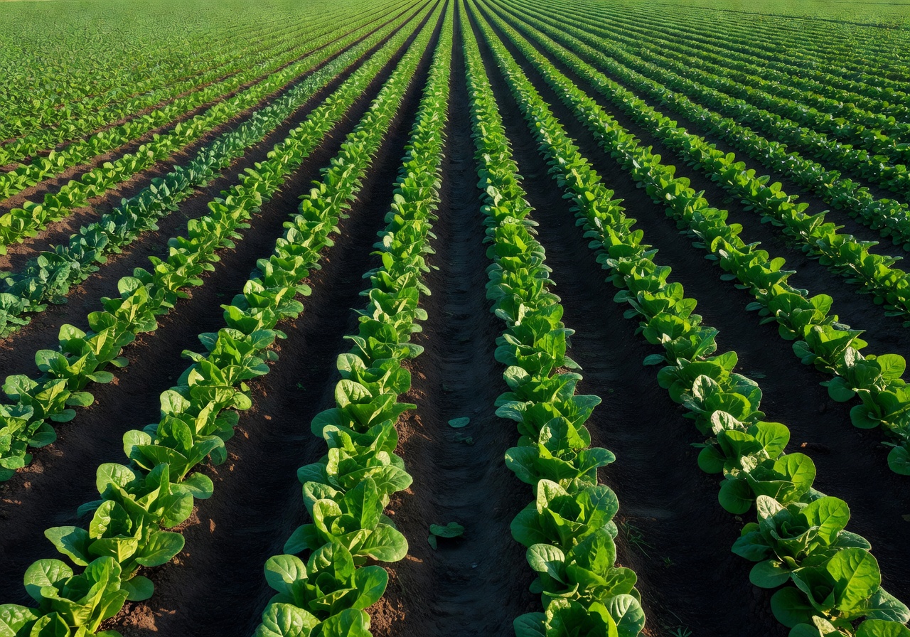 Rows of fresh crops growing in a well-tended farm field