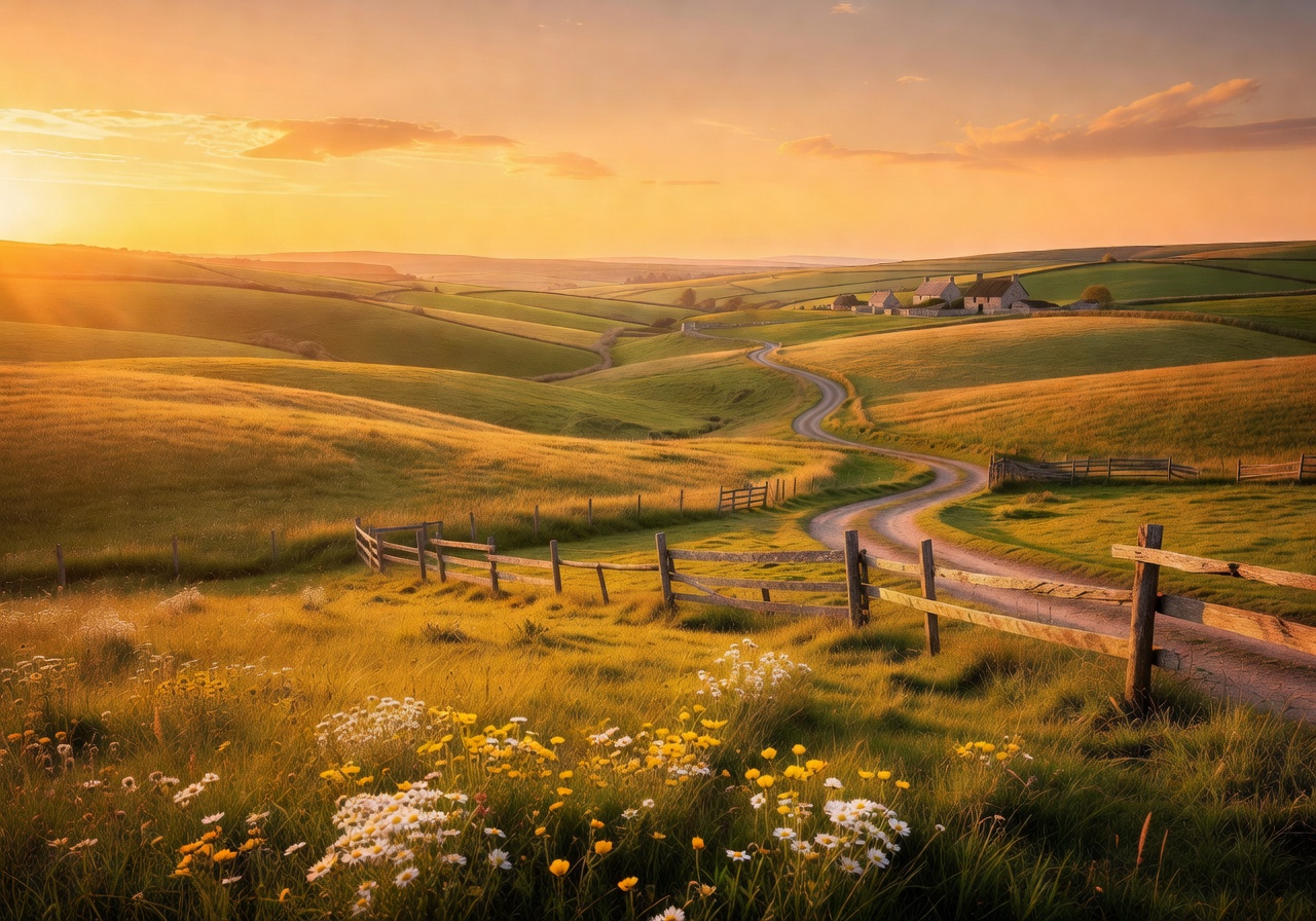 Scenic harvest landscape with golden hour light across fields