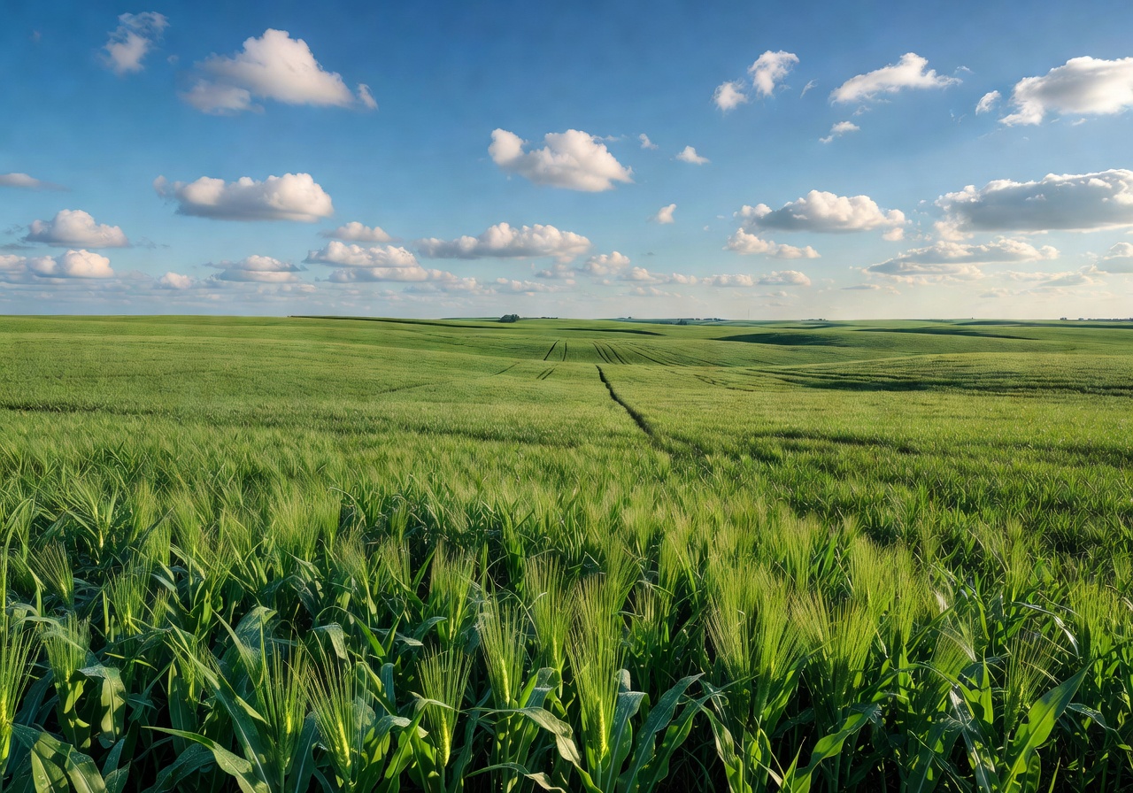 Vast green farmland stretching to the horizon under blue sky